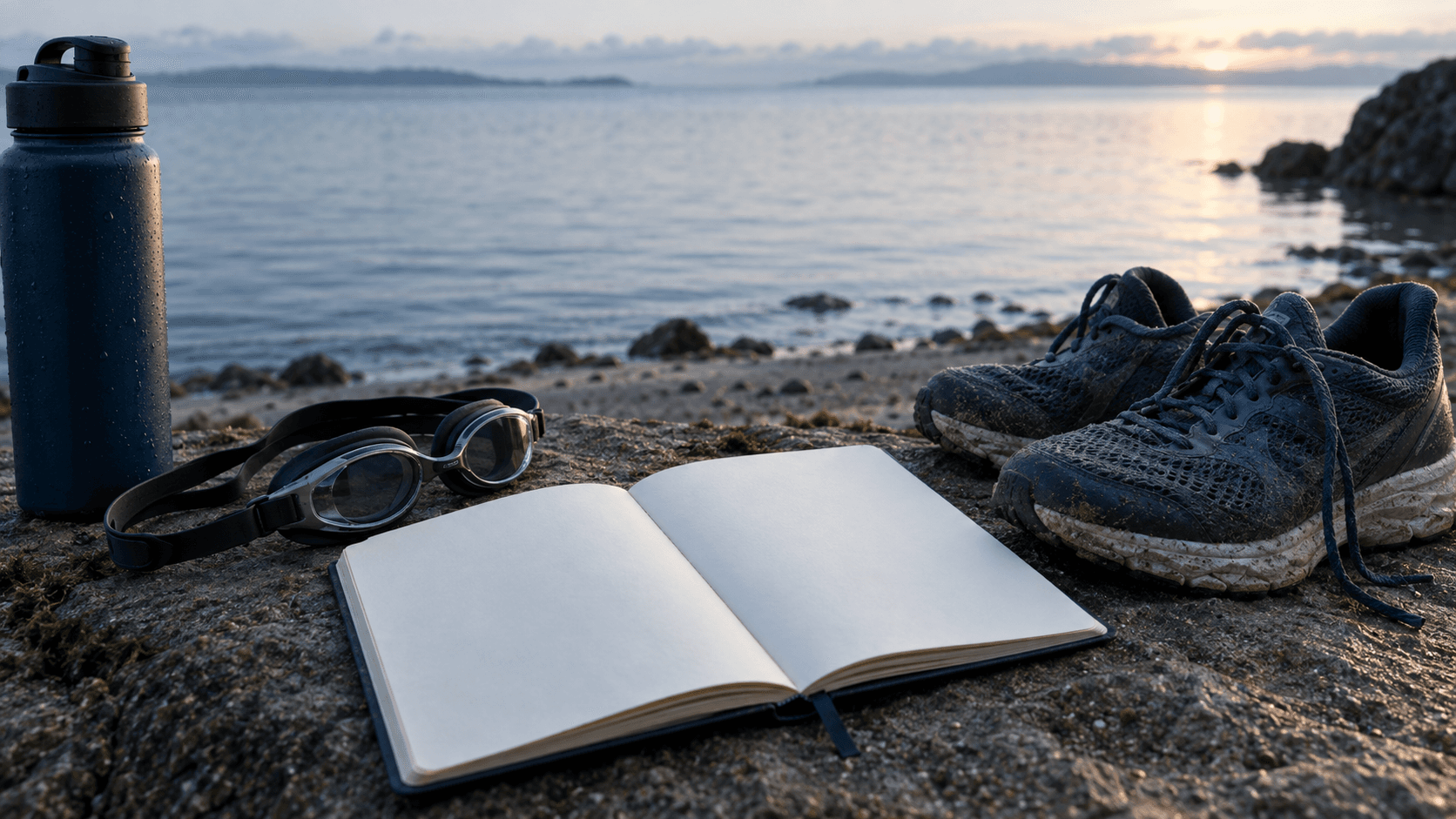 A training notebook, swim goggles and running shoes arranged beside a calm shoreline.
