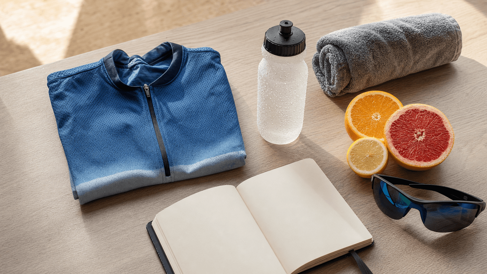 Unbranded triathlon recovery kit with water bottle, towel, citrus and training journal