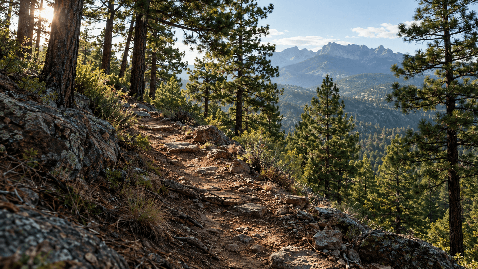 Rocky singletrack climbing through New Mexico pine forest towards the Sierra Blanca mountains.