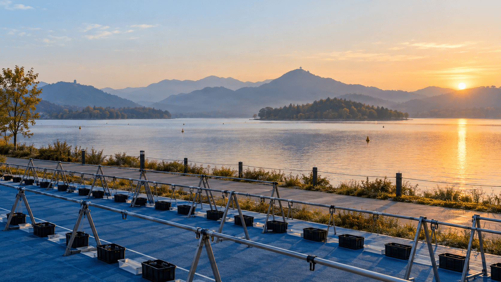 An empty triathlon transition area beside Yanqi Lake at first light, with water buoys and a distant wooded ridge.