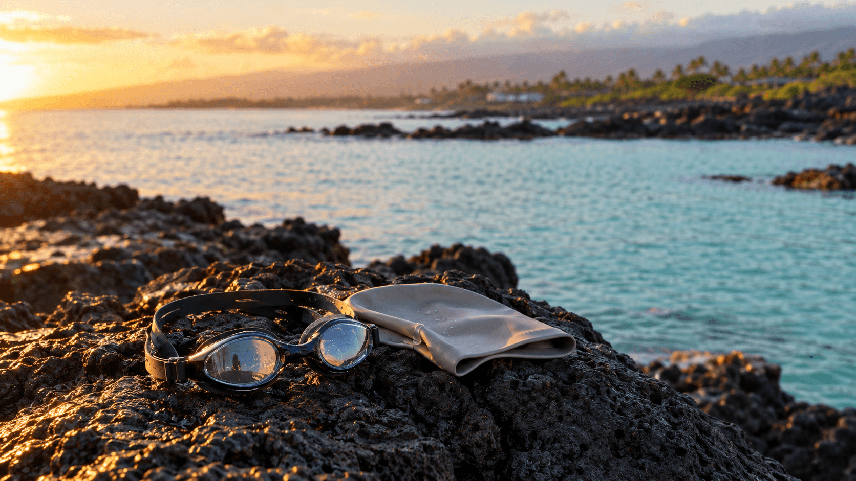 Swim goggles rest on dark lava rock beside a calm Kona bay at sunrise.