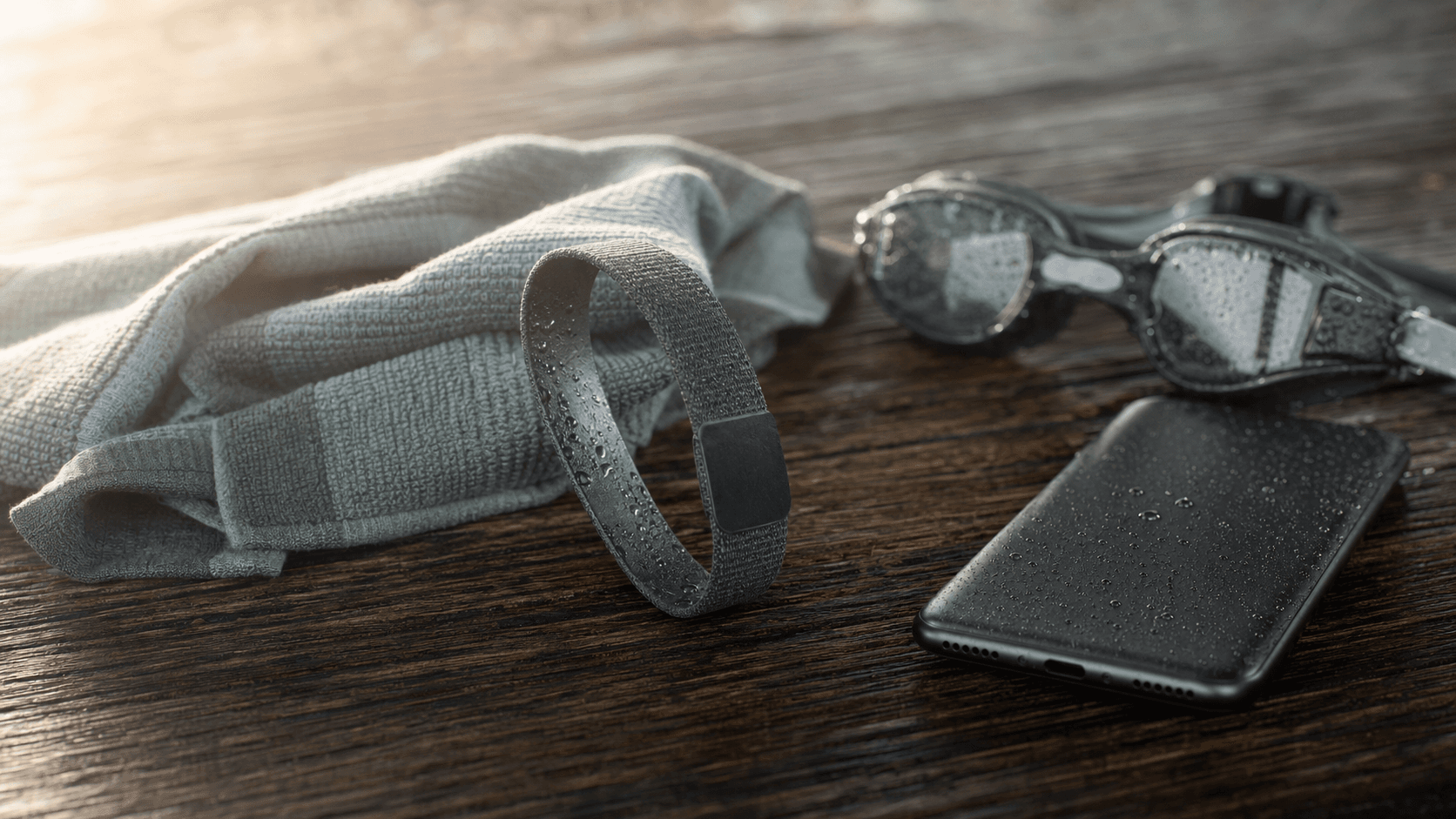Screen-free fabric fitness band with swim goggles and training towel on a dark oak table