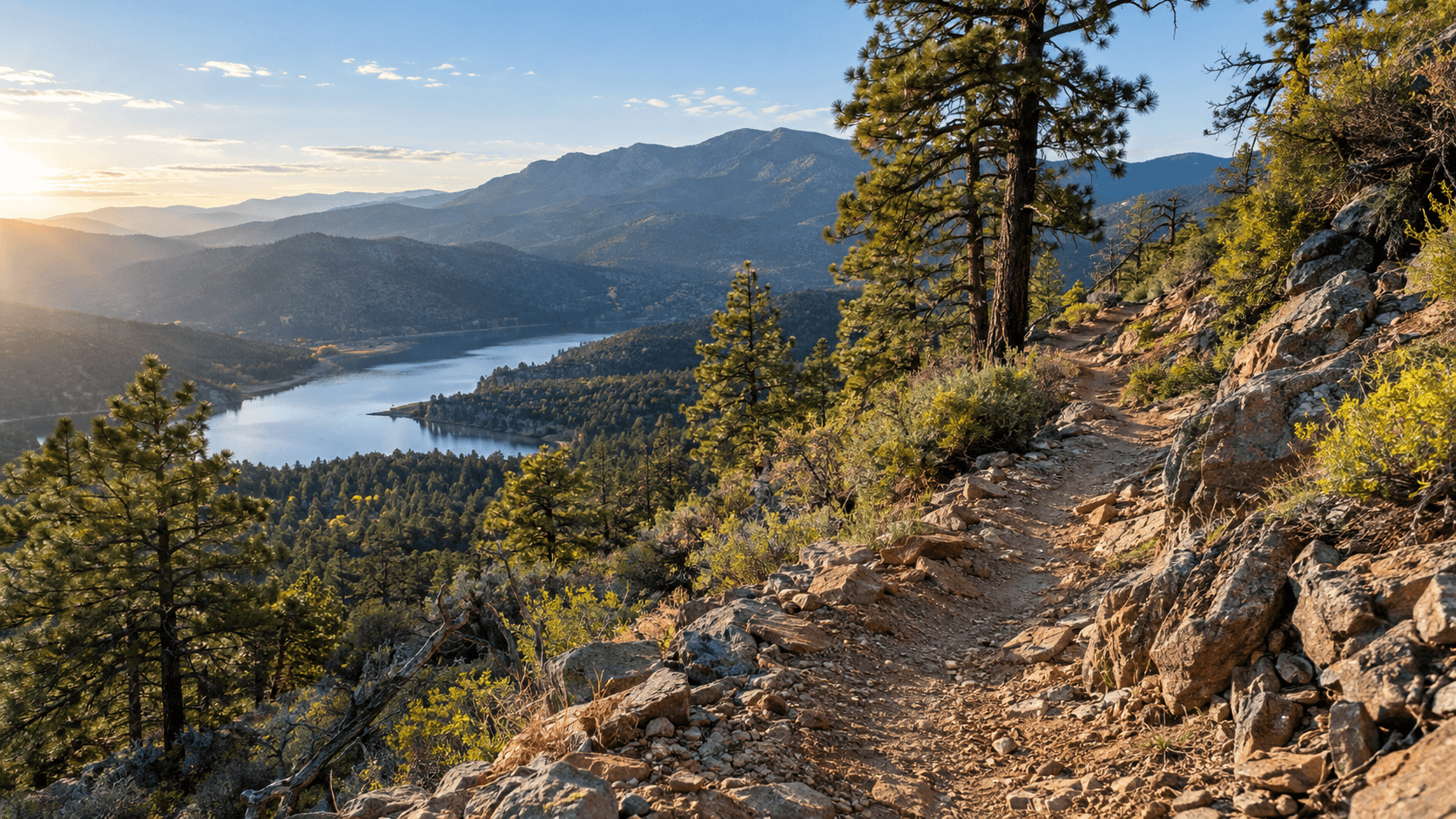 Rocky Ruidoso singletrack above Grindstone Lake with pine forest and a mountain ridge