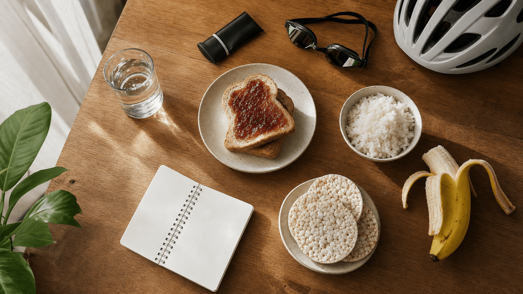 Pre-race carbohydrate-loading foods arranged on a wooden table