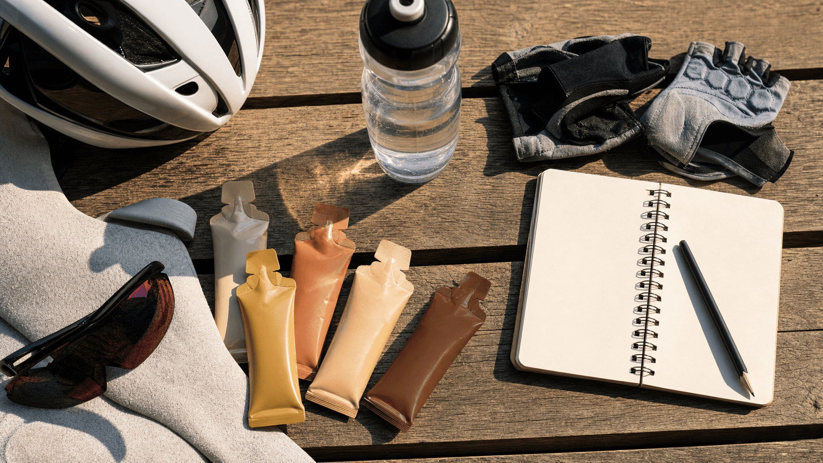 Triathlon training fuel flat lay with an unlabeled bottle, gels, gloves and notebook